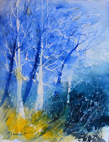 White and blue trees    -  watercolor van Pol Ledent, Werk op papier te koop op Singulart