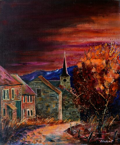 Coucher de soleil au village von Pol Ledent, Malerei kaufen auf Singulart