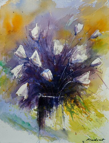 White tulips- watercolor van Pol Ledent, Werk op papier te koop op Singulart