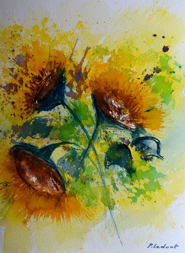 Sunflowers - watercolor by Pol Ledent, Work on Paper for Sale on Singulart