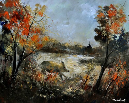 Une sanglier en automne van Pol Ledent, Schilderij te koop op Singulart