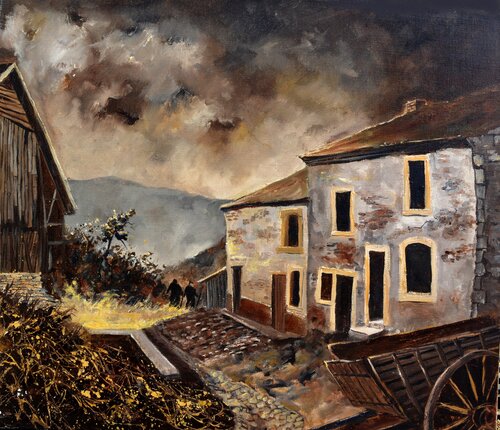 Old houses in the valley of the semois with an old couple going for a walk by Pol Ledent, 회화 for Sale on Singulart