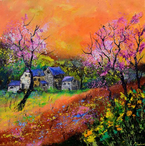 Old houses in spring van Pol Ledent, Schilderij te koop op Singulart