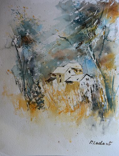 A few houses in the wood - watercolor di Pol Ledent, Opera su carta in vendita su Singulart