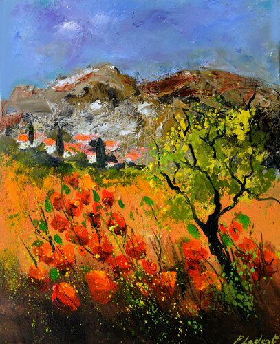Red poppies in Provence  4522 van Pol Ledent, Schilderij te koop op Singulart