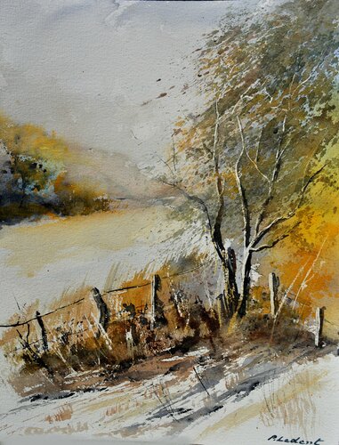 Old fence - watercolor di Pol Ledent, Opera su carta in vendita su Singulart
