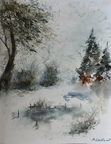 Winter landscape  - watercolor di Pol Ledent, Opera su carta in vendita su Singulart