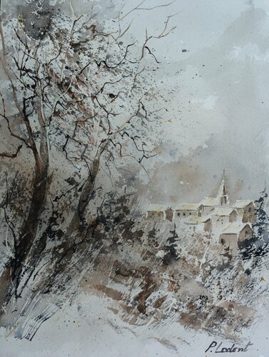 Village in my countryside - watercolor van Pol Ledent, Werk op papier te koop op Singulart
