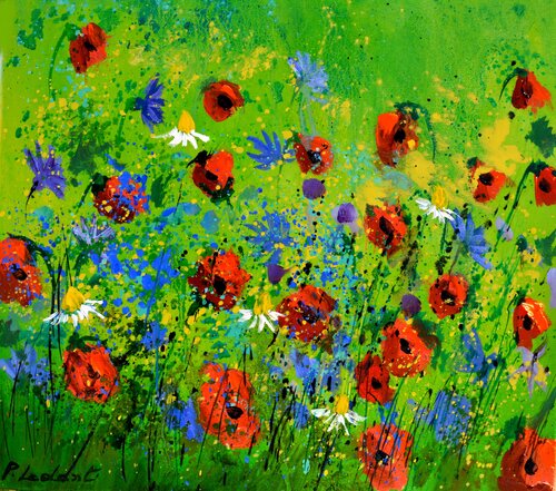 Blue cornflowers and red poppies  - 4422 van Pol Ledent, Schilderij te koop op Singulart