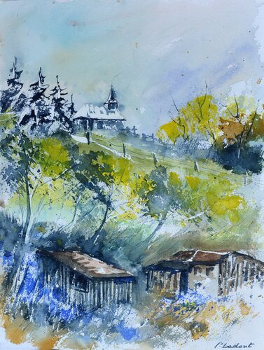 Village in my countryside 22 - watercolor van Pol Ledent, Werk op papier te koop op Singulart