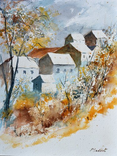 Village in Autumn - watercolor di Pol Ledent, Opera su carta in vendita su Singulart