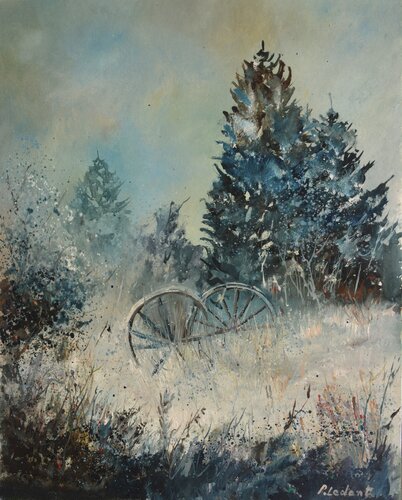 Old cart in winter di Pol Ledent, Pittura in vendita su Singulart