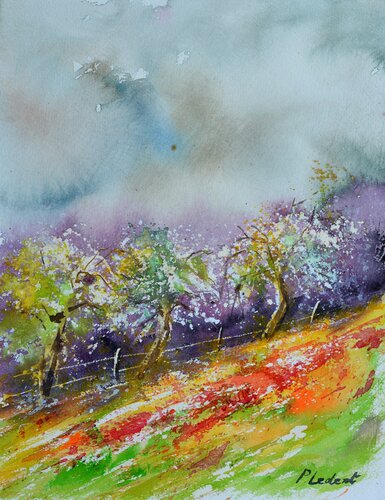 Orchard in spring  - watercolor van Pol Ledent, Werk op papier te koop op Singulart