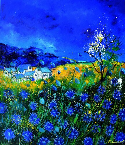Blue cornflowers and blooming trees by Pol Ledent, 회화 for Sale on Singulart
