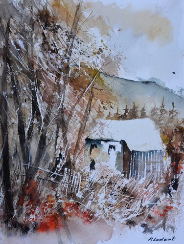 Hunter's cabin  - watercolor van Pol Ledent, Werk op papier te koop op Singulart