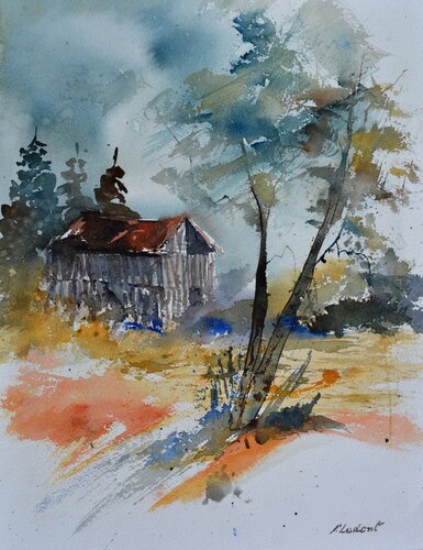 Old barn -2 - watercolor di Pol Ledent, Opera su carta in vendita su Singulart