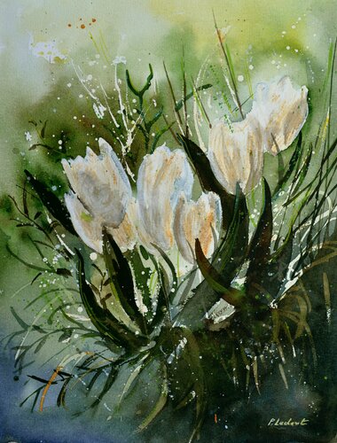 Tulips  still life 2 - watercolor van Pol Ledent, Werk op papier te koop op Singulart