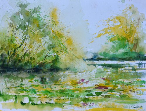 Quiet green waters    -watercolor par Pol Ledent, Œuvre sur papier en vente sur Singulart