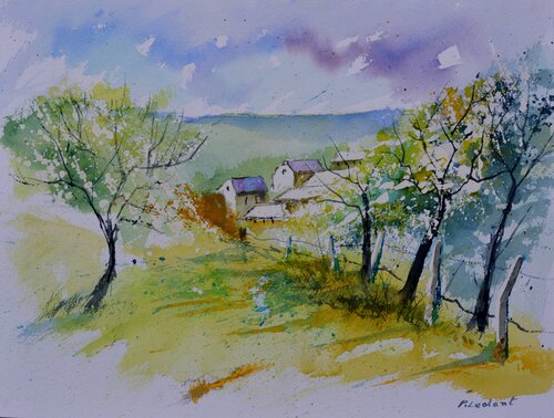 A few houses in spring      -watercolor by Pol Ledent, 종이 for Sale on Singulart