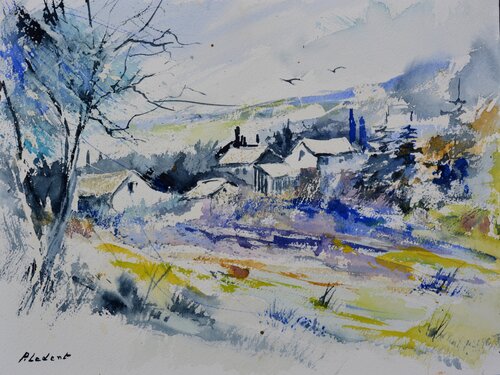 A blue village     -watercolor Pol Ledent