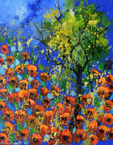 A tree amid poppies di Pol Ledent, Pittura in vendita su Singulart