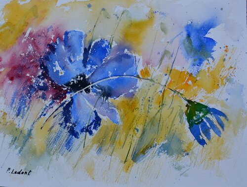 Bleuet     -watercolor van Pol Ledent, Werk op papier te koop op Singulart