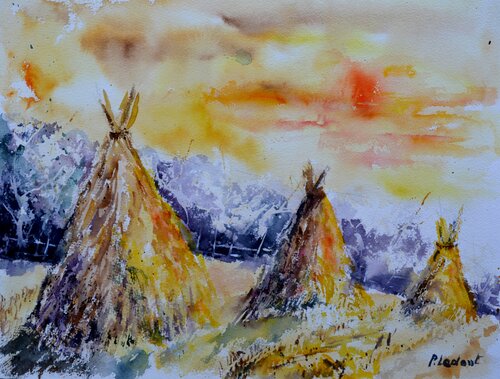 Hay stacks  -watercolor Pol Ledent