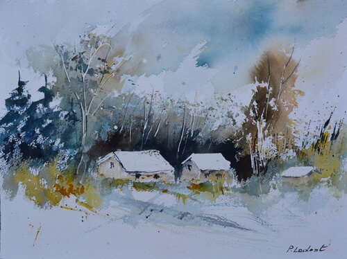 Houses in my countryside   -watercolor van Pol Ledent, Werk op papier te koop op Singulart