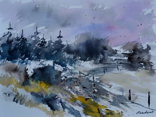 Winter in my countryside     -watercolor Pol Ledent