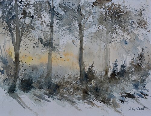 Rising sun in the wood-watercolor Pol Ledent