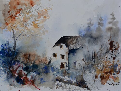 An old house in winter      -watercolor di Pol Ledent, Opera su carta in vendita su Singulart