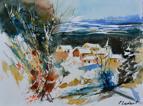 Village in winter      -watercolor di Pol Ledent, Opera su carta in vendita su Singulart