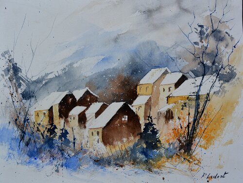 a village In my countryside      -watercolor - baillamont van Pol Ledent, Werk op papier te koop op Singulart