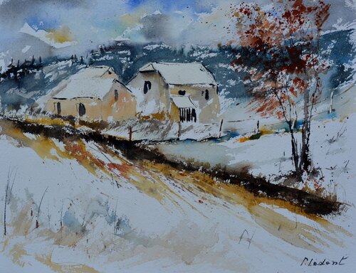 Winter landscape two houses     -watercolor par Pol Ledent, Œuvre sur papier en vente sur Singulart
