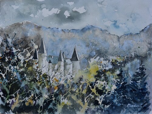 Old medieval castle    -watercolor di Pol Ledent, Opera su carta in vendita su Singulart