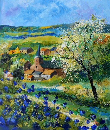 Summer blue poppies and countryside by Pol Ledent, 회화 for Sale on Singulart