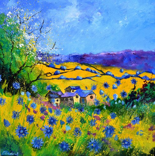Cornflowers in my countryside  77 van Pol Ledent, Schilderij te koop op Singulart