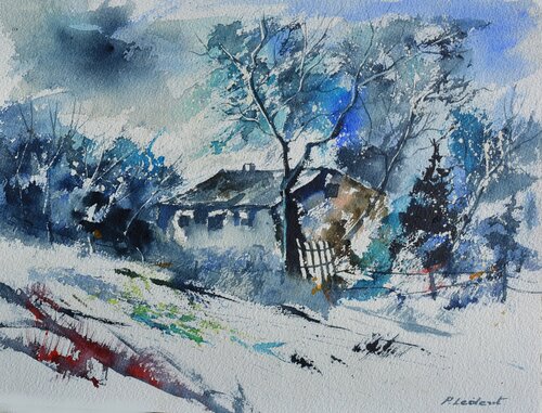 Winter at home    -watercolor di Pol Ledent, Opera su carta in vendita su Singulart