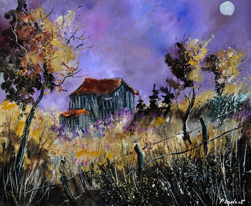 Old barn under a purple sky by Pol Ledent, 회화 for Sale on Singulart