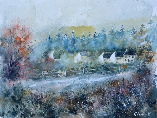 Village in winter - watercolor di Pol Ledent, Opera su carta in vendita su Singulart