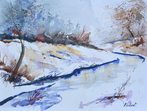 River in winter  - watercolor Pol Ledent