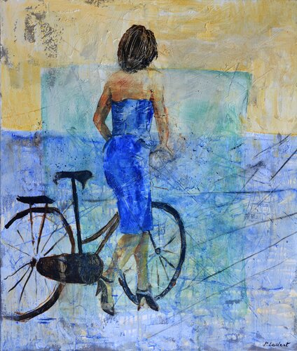 With her bicycle di Pol Ledent, Pittura in vendita su Singulart