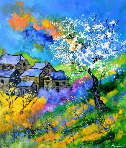 Quelques vieilles maisons au printemps . Le pommier est en pleine floraison ! Joie et lumière van Pol Ledent, Schilderij te koop op Singulart