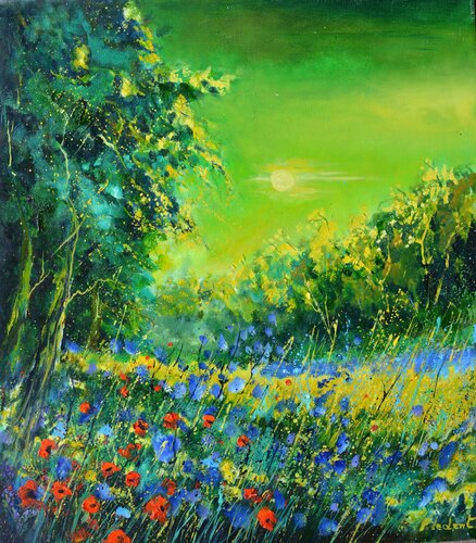 Blue cornflowers and red poppies van Pol Ledent, Schilderij te koop op Singulart