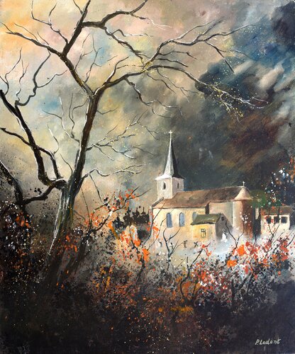 Approaching storm on an old   village  - Vivy di Pol Ledent, Pittura in vendita su Singulart