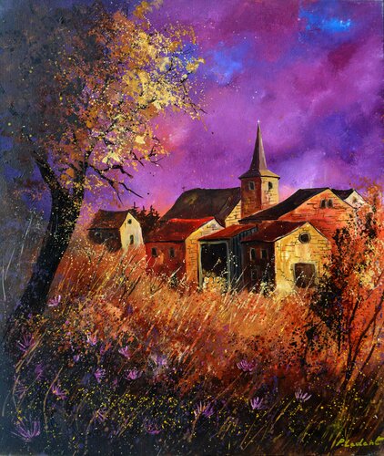 Purple sky and old village di Pol Ledent, Pittura in vendita su Singulart