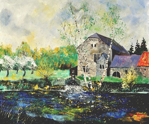 An old mill in spring in my countryside von Pol Ledent, Malerei kaufen auf Singulart