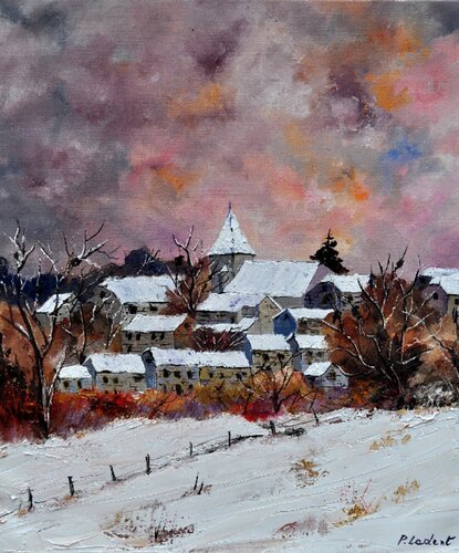 A  peaceful village in wintertime in my countryside 7667 van Pol Ledent, Schilderij te koop op Singulart