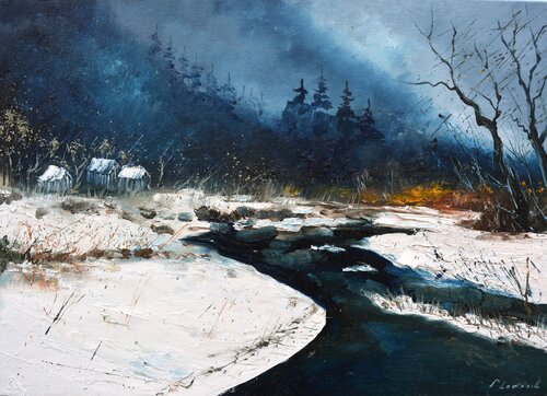 Village in the snow 75 van Pol Ledent, Schilderij te koop op Singulart