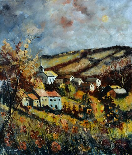 A village in my countryside - Soft autumn colours van Pol Ledent, Schilderij te koop op Singulart